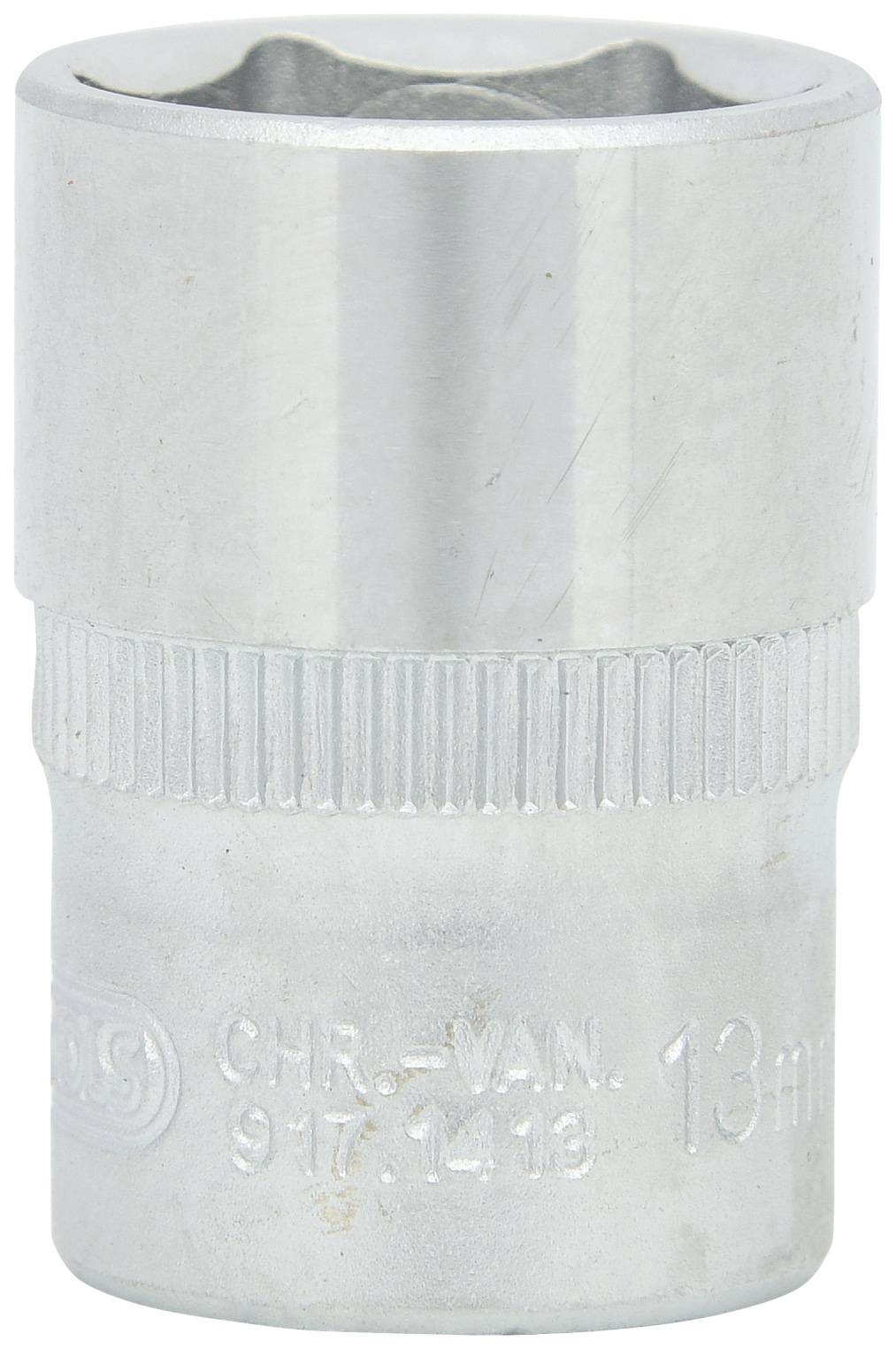 Metallischer Steckschlüsselaufsatz, 13 mm Größe, geeignet für Schraubenschlüssel oder Ratschen; glatte und geriffelte Griffflächen.