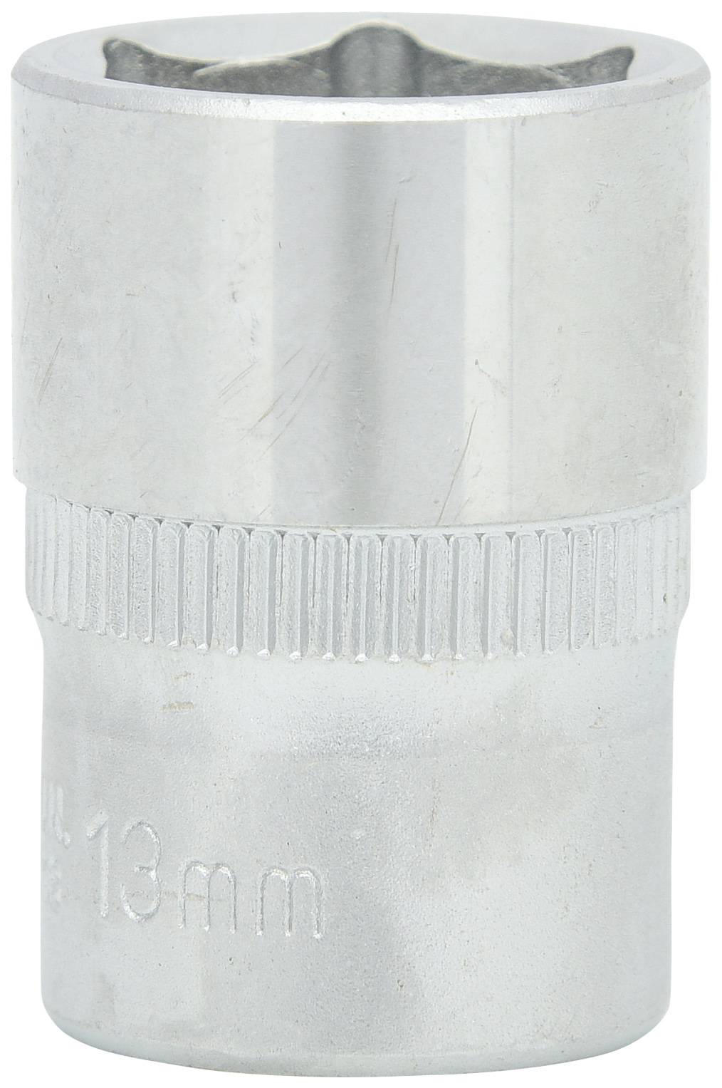 Eine 13 mm Stecknuss aus Metall, zylindrisch mit gerändeltem Griffteil für besseren Halt beim Schrauben.
