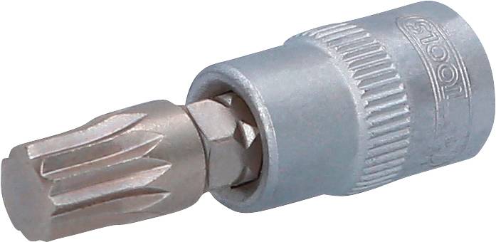 Ein Steckschlüsseldorn für Torx-Schrauben, silberfarben, mit gezahnter Aufnahme.