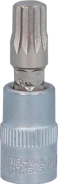 Metallbitschraubaufsatz mit geriffelter Spitze und zylindrischem Sockel, verwendet für mechanische oder handwerkliche Arbeiten.
