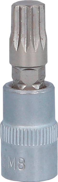 Silberne Torx-Schraubendreher-Bitaufsatz, Größe M8, mit geriffelter Spitze zur Verbesserung des Grips.