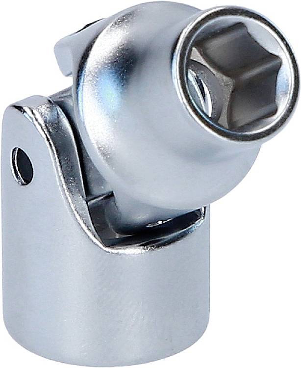 Ein silbernes, einstellbares Gelenkwerkzeug aus Metall, das zum Verbinden von Steckschlüsseln verwendet wird.