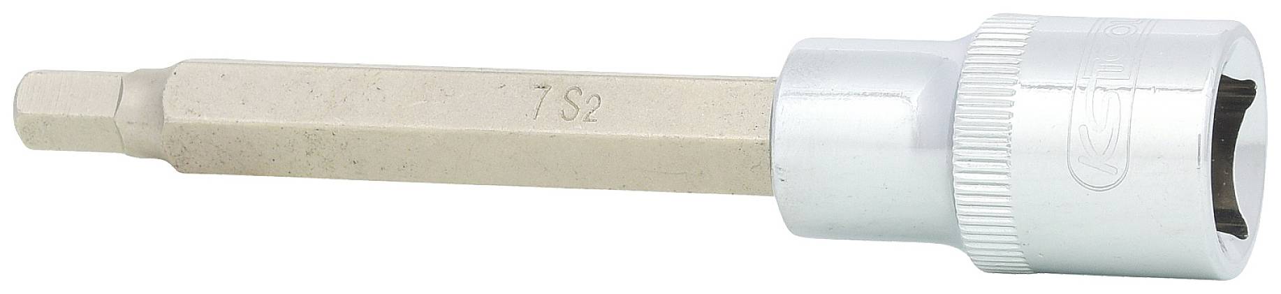 Ein silberner Sechskant-Bit mit einem Schraubendreherkopf links und einer Stecknuss rechts, geeignet für verschiedene Schraubarbeiten.
