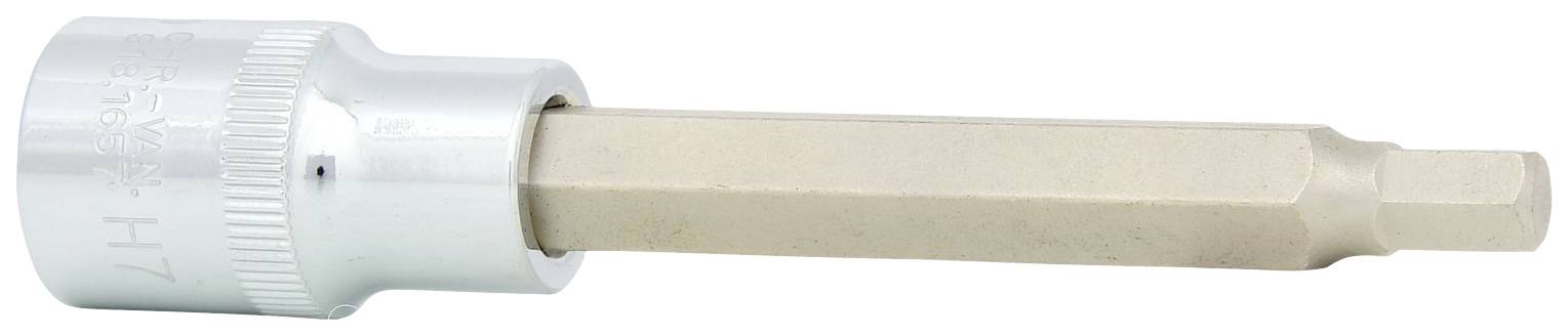 Sechskant-Bit-Aufsatz aus Metall, hauptsächlich in Silber, mit länglicher, zylindrischer Form. Verwendung für Schraubarbeiten.