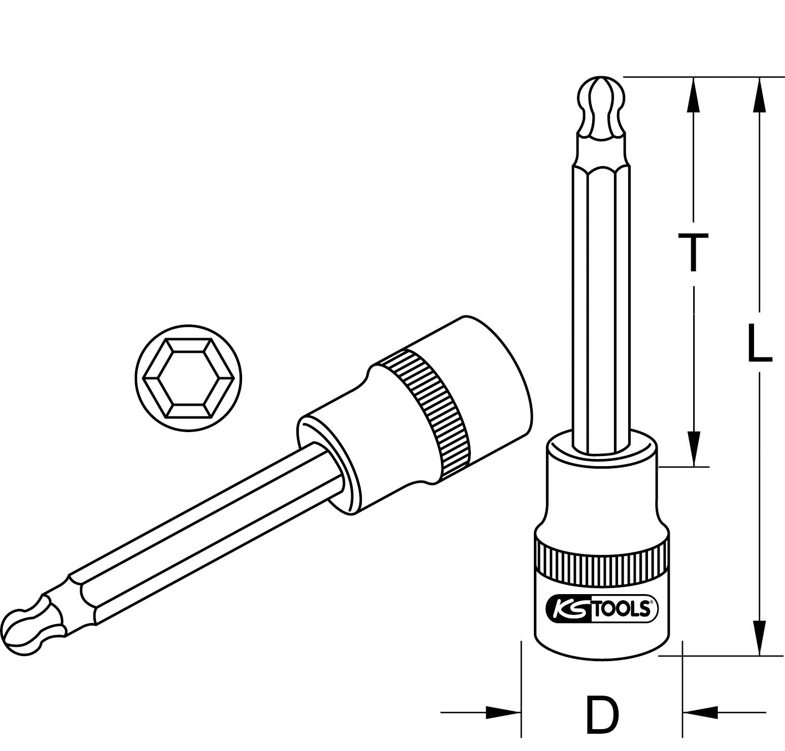 Technische Zeichnung eines Sechskantaufsatzes mit Angaben zu Durchmesser (D) und Länge (L, T). Seiten- und Obenansicht.