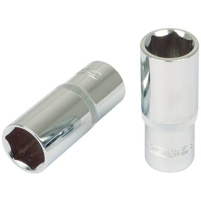 Zwei silberne Stecknüsse, zylindrisch, mit sechseckigem Innenprofil, liegen vertikal und horizontal auf einer weißen Fläche.