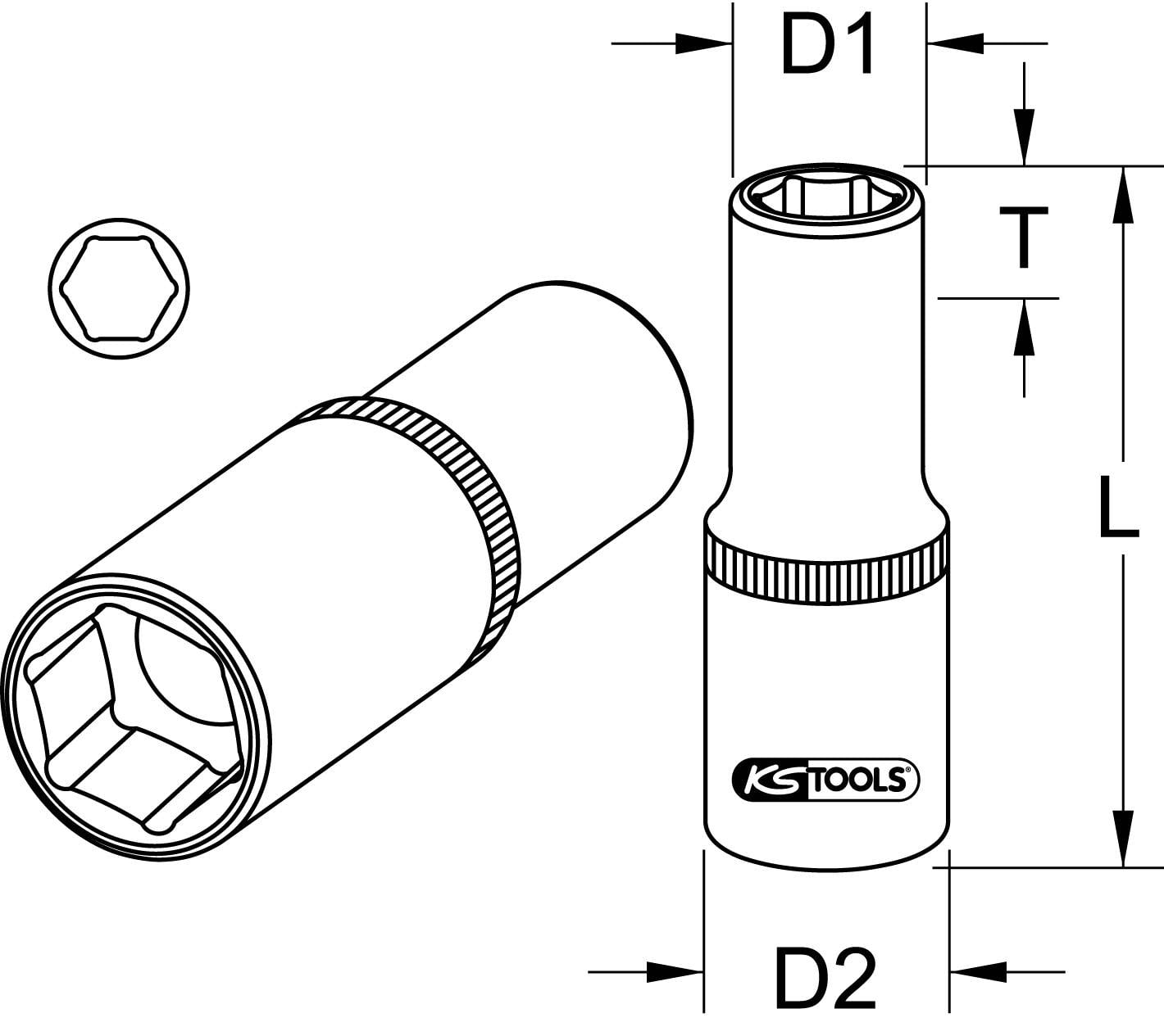 Technische Zeichnung eines Steckschlüssels mit Maßen: D1, D2, T, L. Seitliche und obere Ansichten, markiert mit 'KS Tools' Logo.