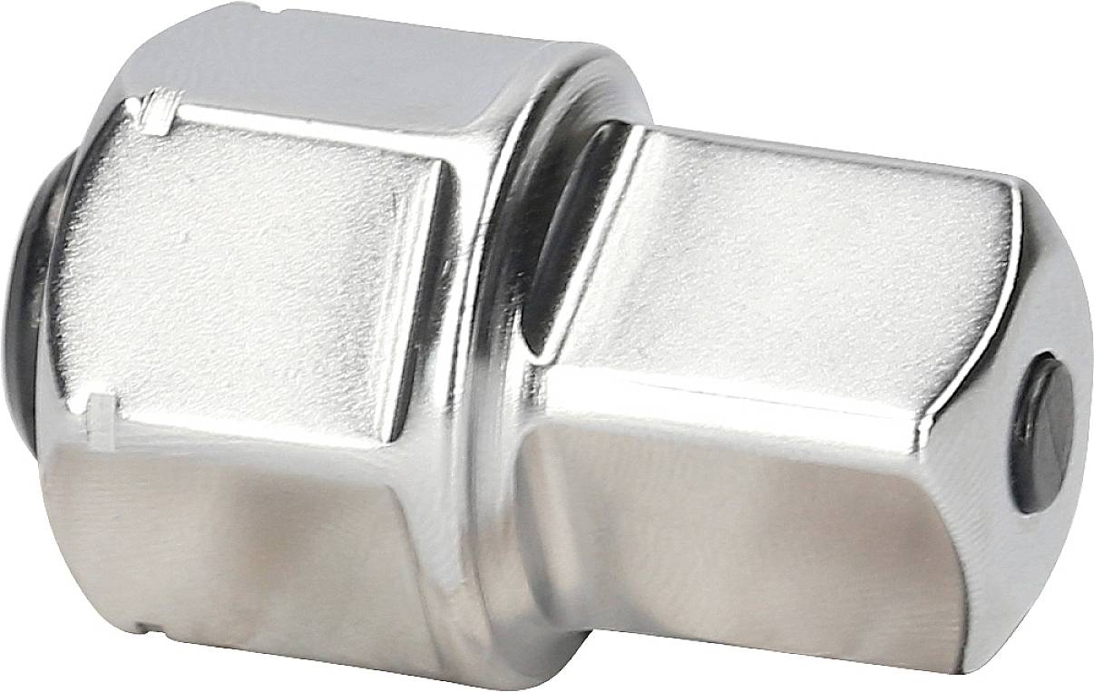 Ein silbernes Metallteil mit sechseckigem Kopf und glatter Oberfläche, möglicherweise eine Mutter oder Schraube, auf weißem Hintergrund.