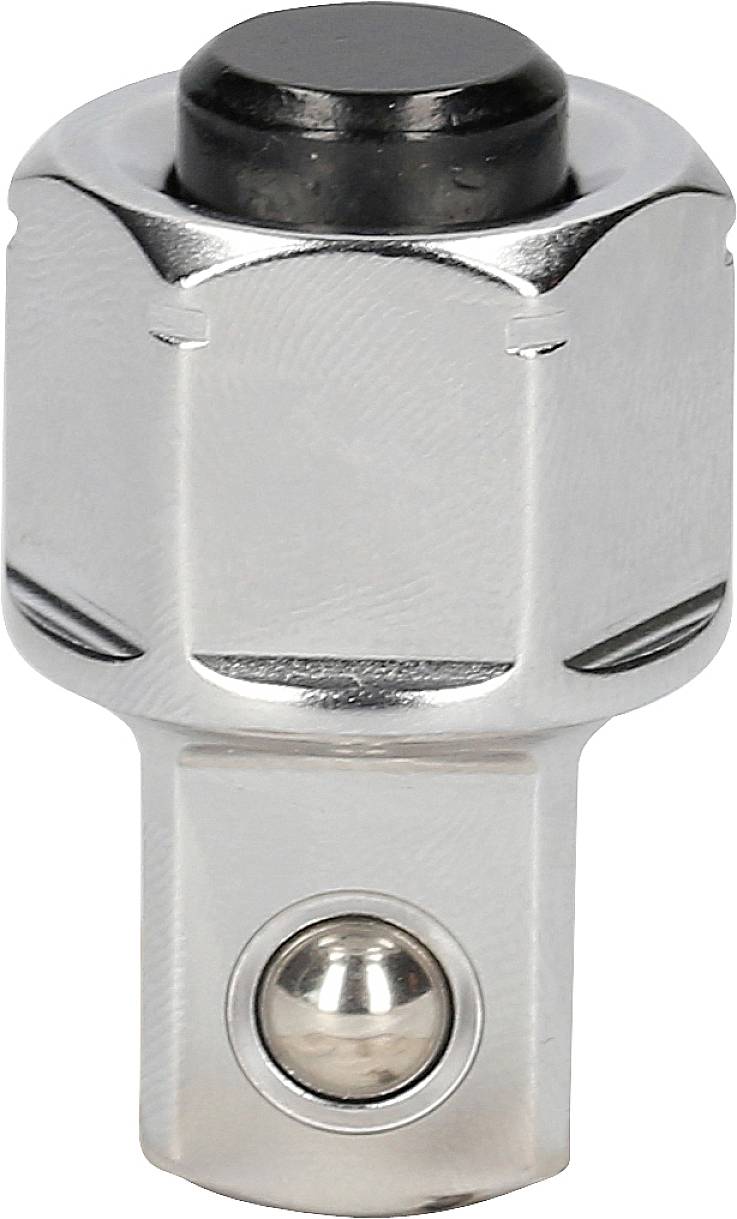 Metallstecknussadapter mit schwarzem Drehmechanismus oben und seitlicher Kugelarretierung. Geeignet für Werkzeuge und Steckschlüssel.