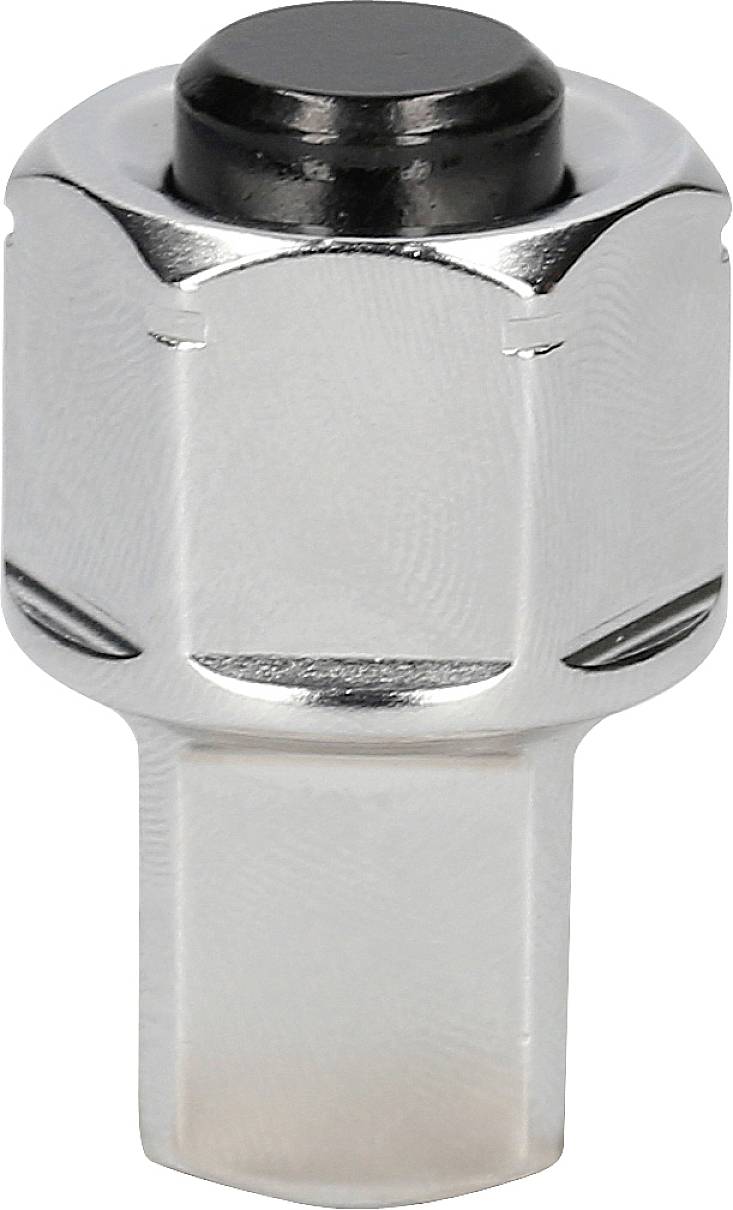 Ein silberner Metallstecker mit einem schwarzen runden Knopf an der Oberseite, möglicherweise ein Adapter oder Verbinder.