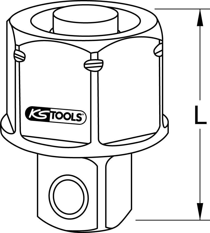 Zeichnung eines Werkzeugs von KS Tools. Es zeigt einen Steckschlüssel mit sechseckigem Profil und einer genormten Größe L.