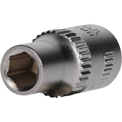 Metallene Stecknuss für Ratschen, sechskantig, Profil und Größe in die Oberfläche gestanzt.