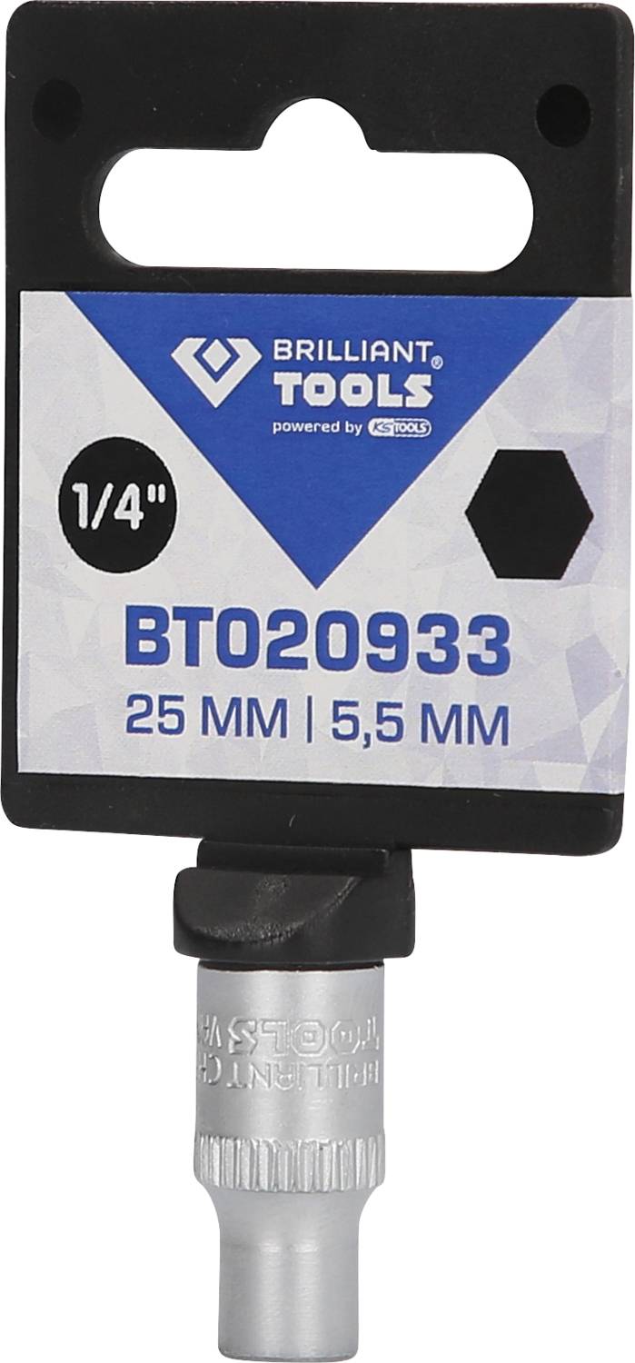 Werkzeughalter mit Hex-Bit, beschriftet 'BRILLIANT TOOLS BT020933 25 MM 5,5 MM', schwarze und graue Farben.