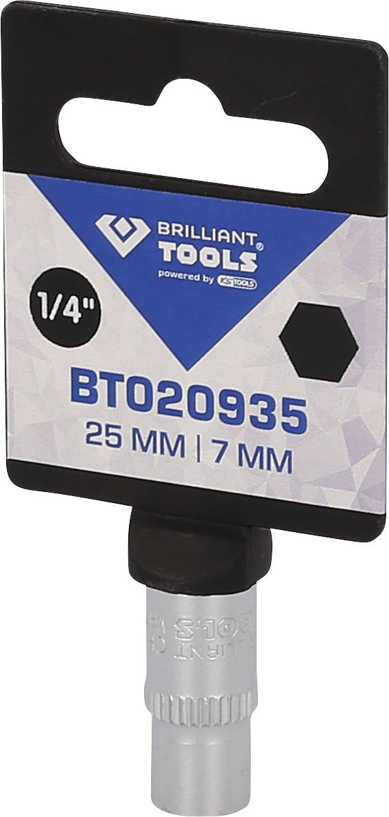 Eine Werkzeugverpackung mit der Aufschrift 'BRILLIANT TOOLS', 'BT020935', '1/4"', '25 MM | 7 MM'. Ein Sechskantschlüssel abgebildet.