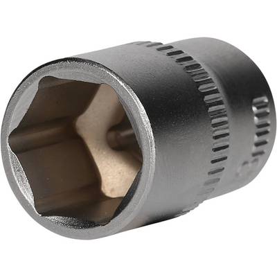 Eine silberne Sechskant-Steckschlüssel-Nuss aus Metall, seitlich gezeigt, mit geriffeltem Rand für besseren Halt bei der Anwendung.