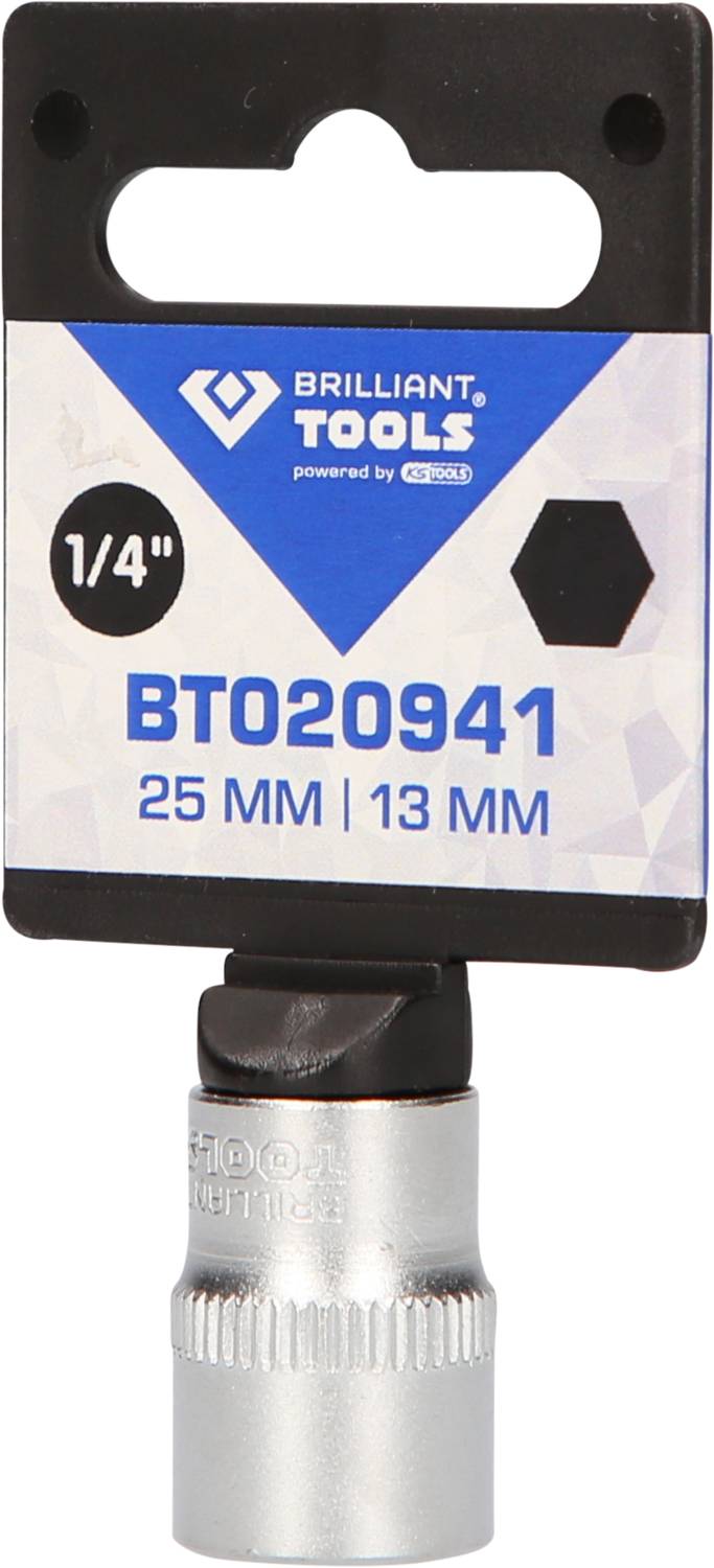 'Brilliant Tools' Stecknuss mit 1/4 Zoll Größe, Artikelnummer BT020941, Abmessungen 25 mm x 13 mm auf der Verpackung sichtbar.