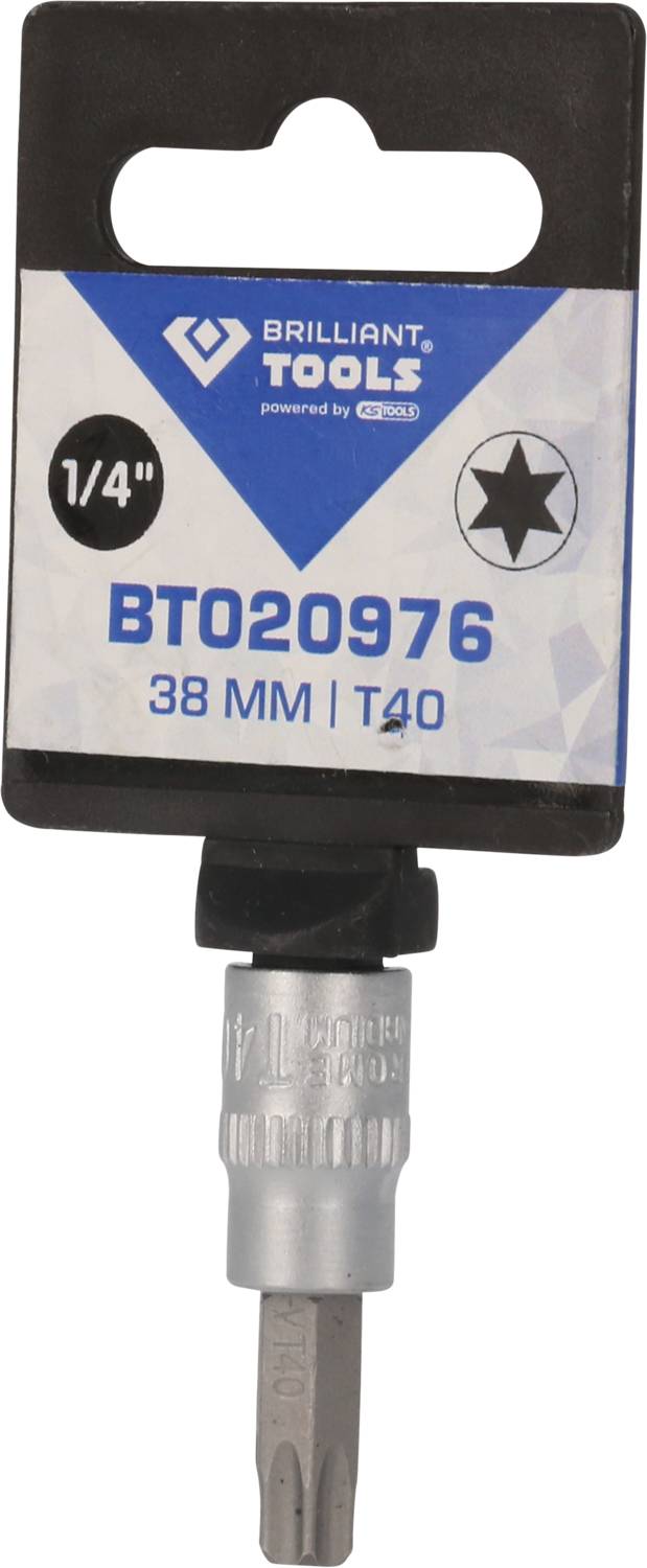 'BRILLIANT TOOLS 38 mm T40 Torx-Bit, 1/4 Zoll. Produktetikett zeigt Marke und Größe des Bits.'