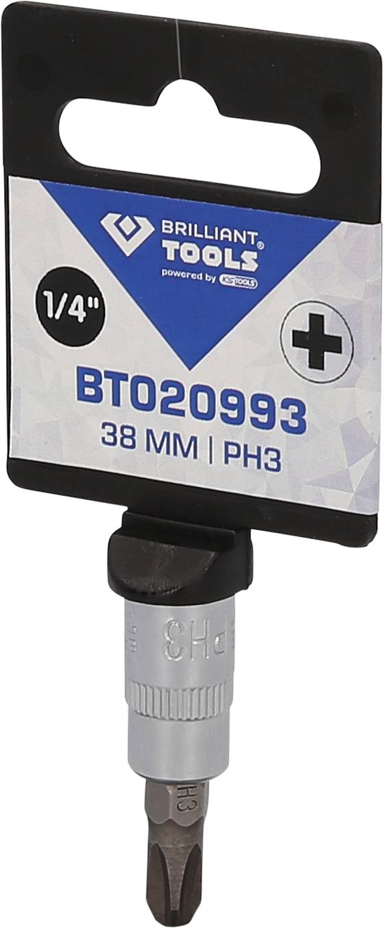 'Schraubendrehereinsatz BT020993 38 mm PH3 von Brilliant Tools, geeignet für Kreuzschlitzschrauben mit 1/4 Zoll Sechskantantrieb.'