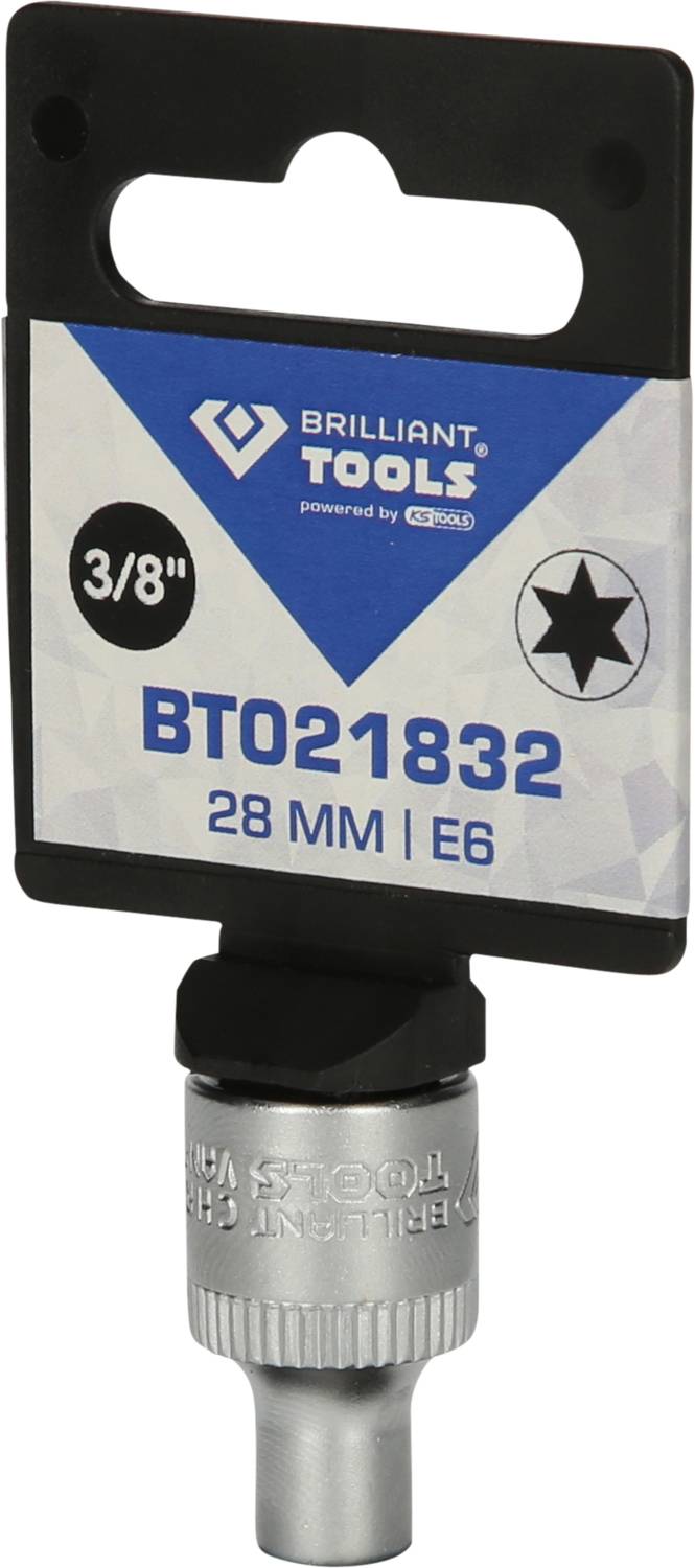 Bitaufsatz von Brilliant Tools, 28 mm, E6, 3/8 Zoll. Verpackung mit Produktinformationen.