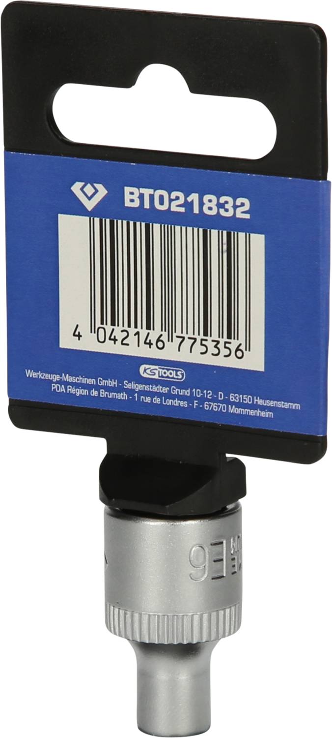 Metallschraubaufsatz in silberner Halterung mit blauem Etikett und Barcode. Produktcode 'BTO21832' gut sichtbar.