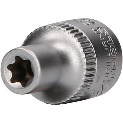 Ein silberner Torx-Schraubenkopf, glänzend mit sechszackigem Sternmuster, ruht auf der Seite.