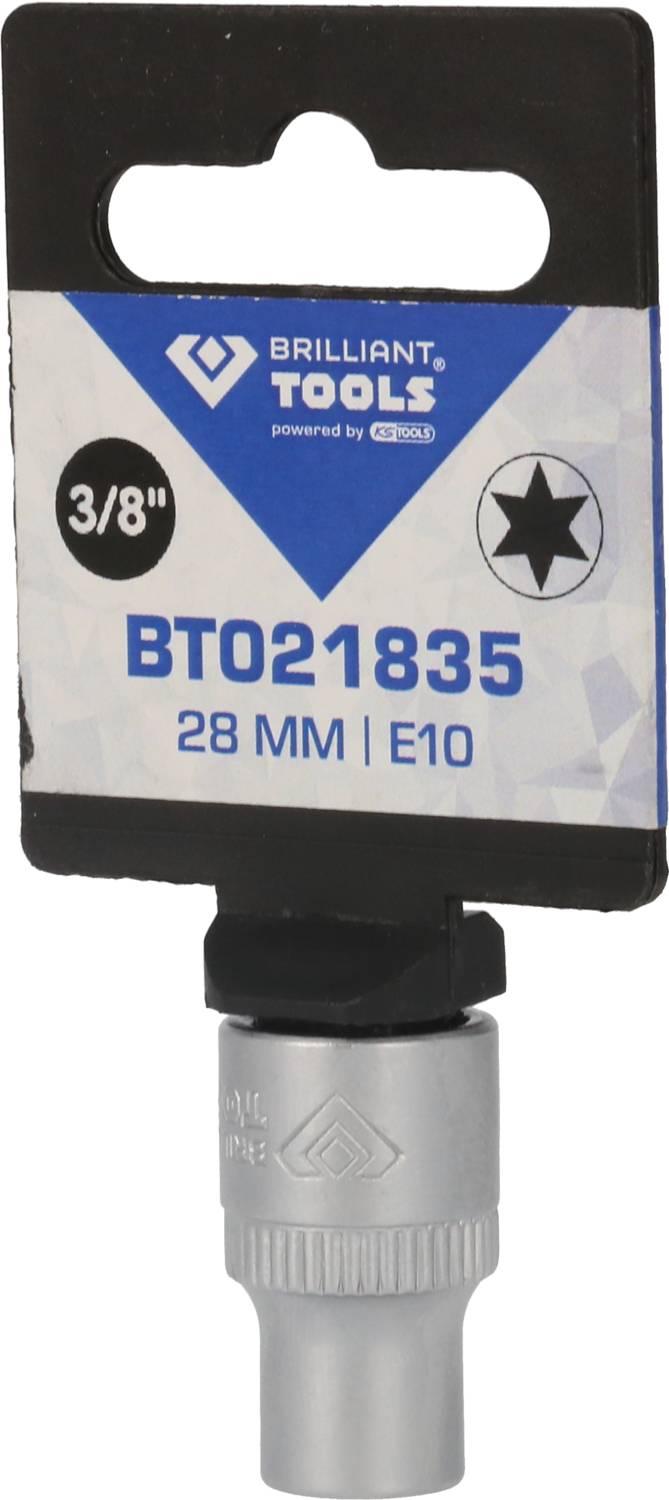 'Sternschlüssel-Einsatz Brilliant Tools BT021835, 28 mm, 3/8", E10. Silberne Metall-Oberfläche, Verpackungsetikett oben.'