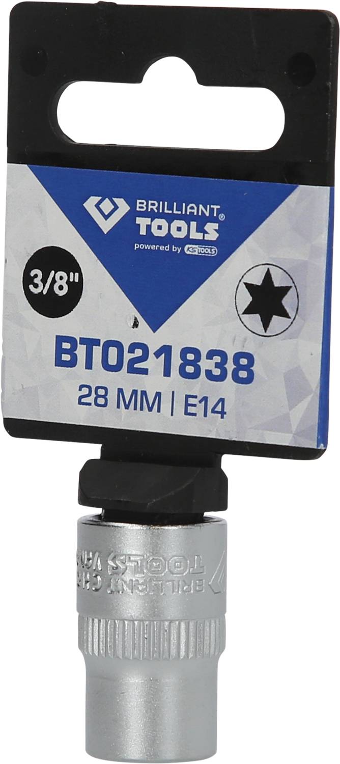 'Steckschlüssel-Einsatz mit der Aufschrift BT021838, 28 mm, E14, in Silber, auf einer schwarzen Halterung mit blauer Karte.'