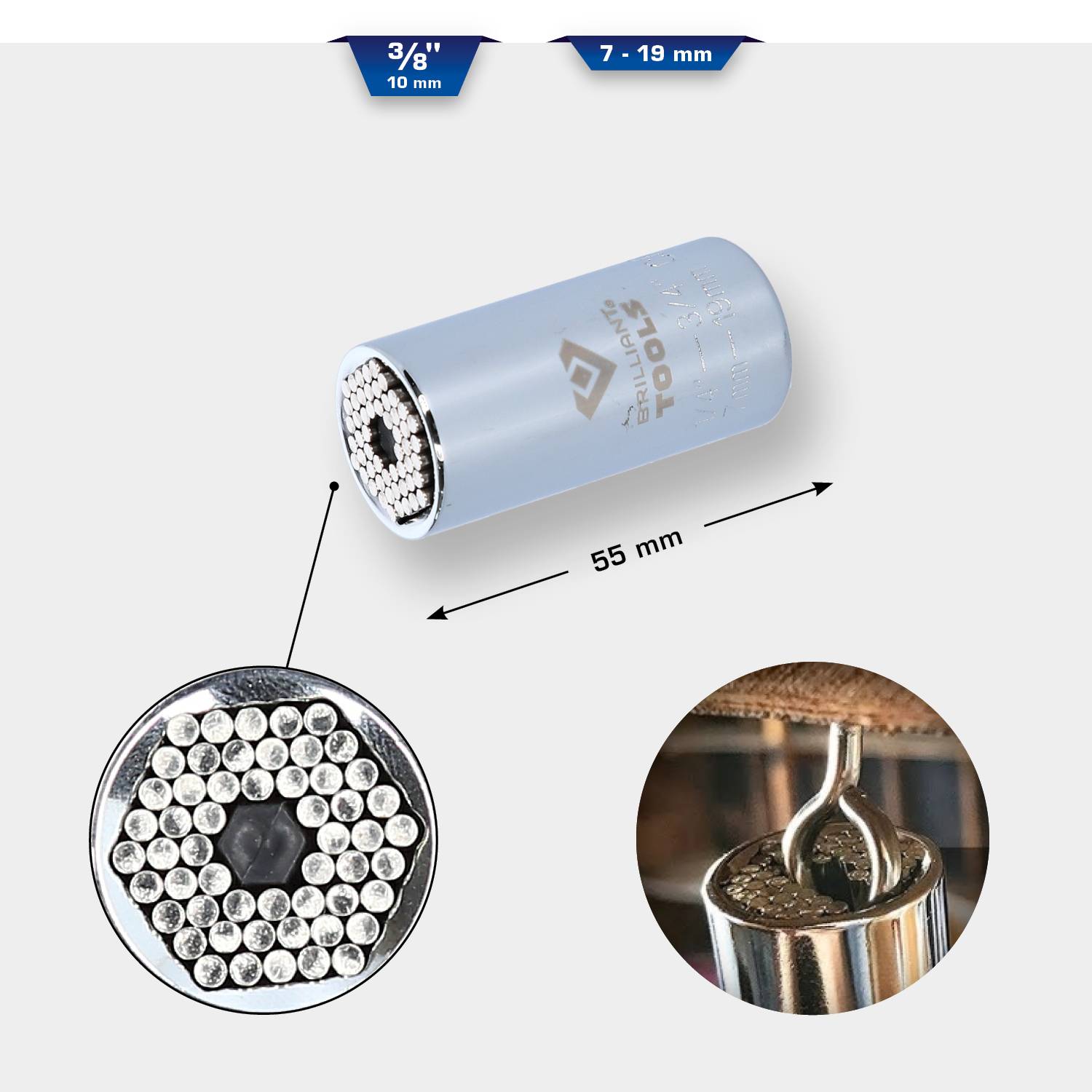 'Sicherheitsrohrstecknuss 7-19 mm mit verstellbaren Stiften, eignet sich für verschiedene Schrauben- und Mutternarten, Länge 55 mm.'