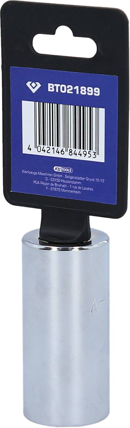 Metalladapter mit blauem Aufhänger, darauf Strichcode und Produktnummer 'BTO21899'. Geeignet für Montagemaschinen, Gewindegröße 10-12.