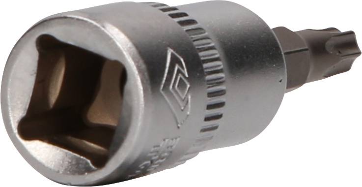 Ein silberner Steckschlüsseleinsatz mit Torx-Bit an einer Seite. Der Einsatz ist für mechanische Arbeiten oder Reparaturen gedacht.