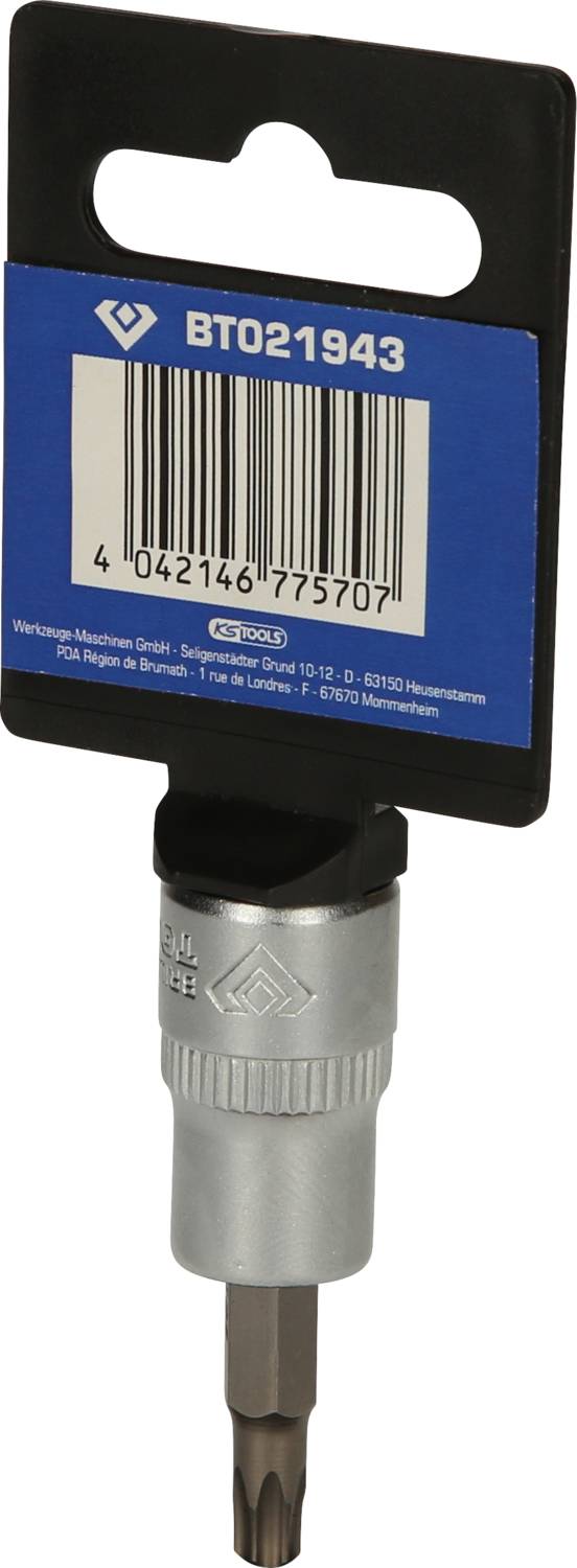 'Dreheraufsatz mit silbernem Schaft und blauer Verpackung. Seriennummer oben: BT021943. Enthält Barcode und Produktinformationen.'