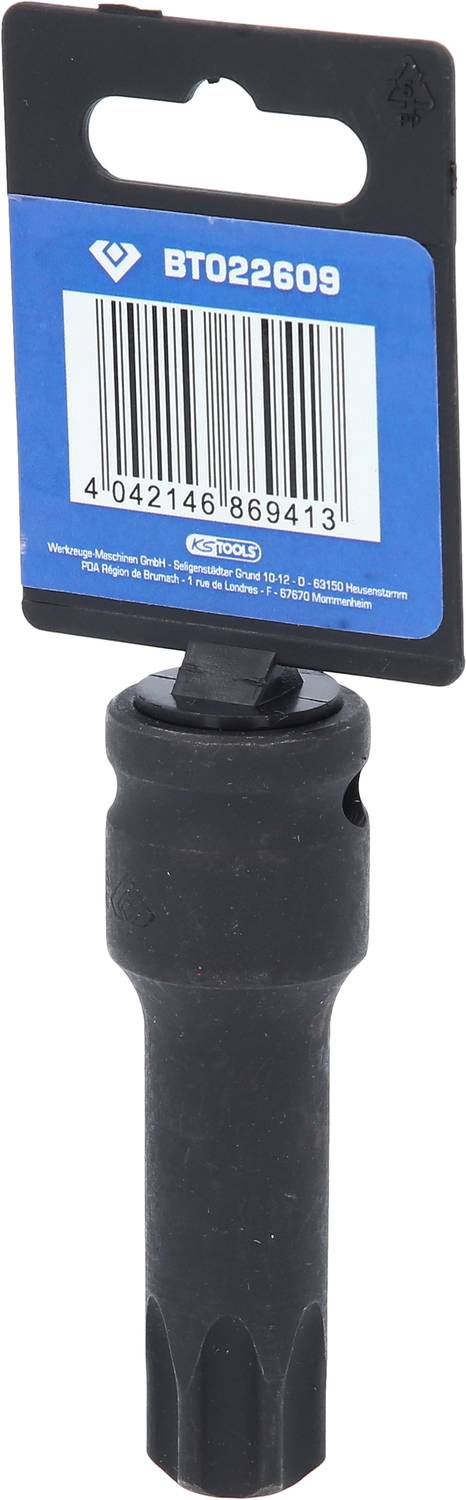 'Schwarzer Adapter für Werkzeuge mit blauem Etikett und Barcode. Produktcode: BT022609.'
