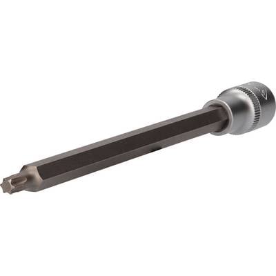 Ein Torx-Schraubendreher-Bit in Nahaufnahme. Es hat einen sternförmigen Kopf und einen längeren sechseckigen Schaft.