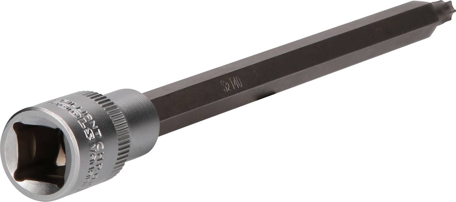Ein langer Sechskant-Schraubendreheraufsatz aus Metall, geeignet für den Einsatz in Verbindung mit einem Steckschlüssel oder einer Ratsche.