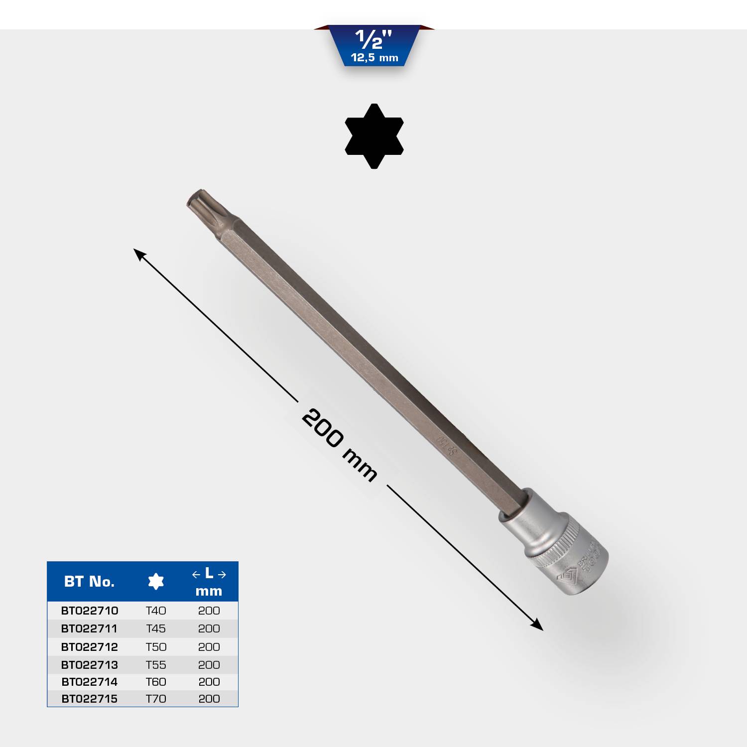 'Torx-Bit mit 1/2-Zoll-Antrieb, Länge 200 mm, T50 Kopf. Unten links Tabelle mit Bestellnummern und Größen von T40 bis T70.'