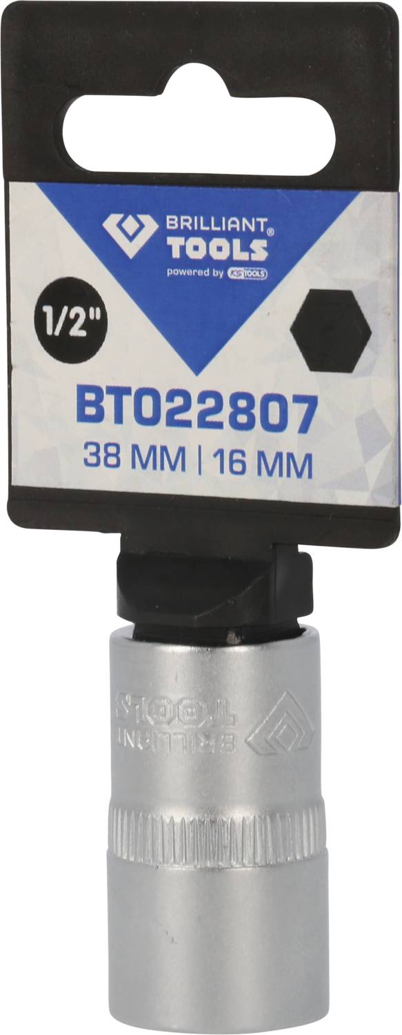 'Brilliant Tools Steckschlüsselsatz, 1/2", 38mm x 16mm.' Ein Werkzeugaufsatz in Metalloptik mit Produktetikett.