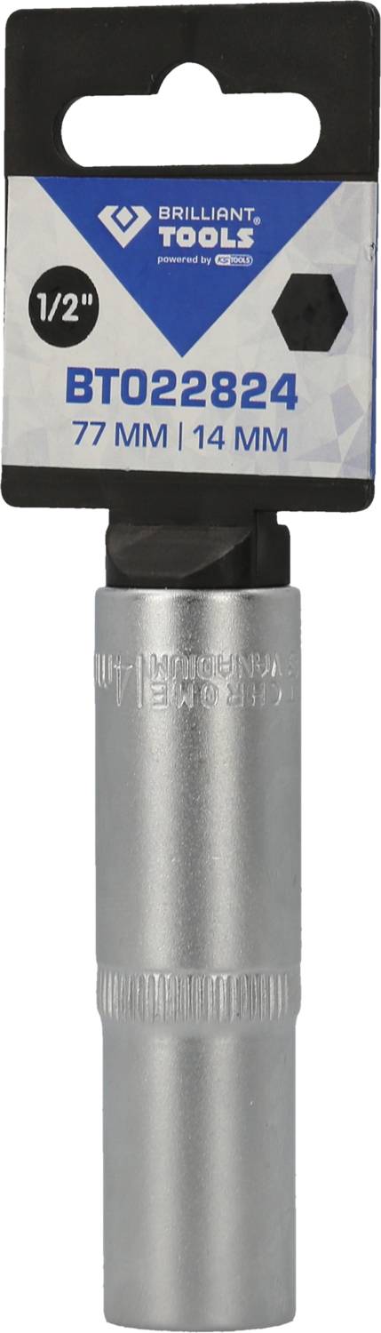 Schraubenschlüsselaufsatz, 14 mm, 77 mm Länge, 1/2" Antrieb, von Brilliant Tools, auf schwarzem und blauem Verpackungskarton.