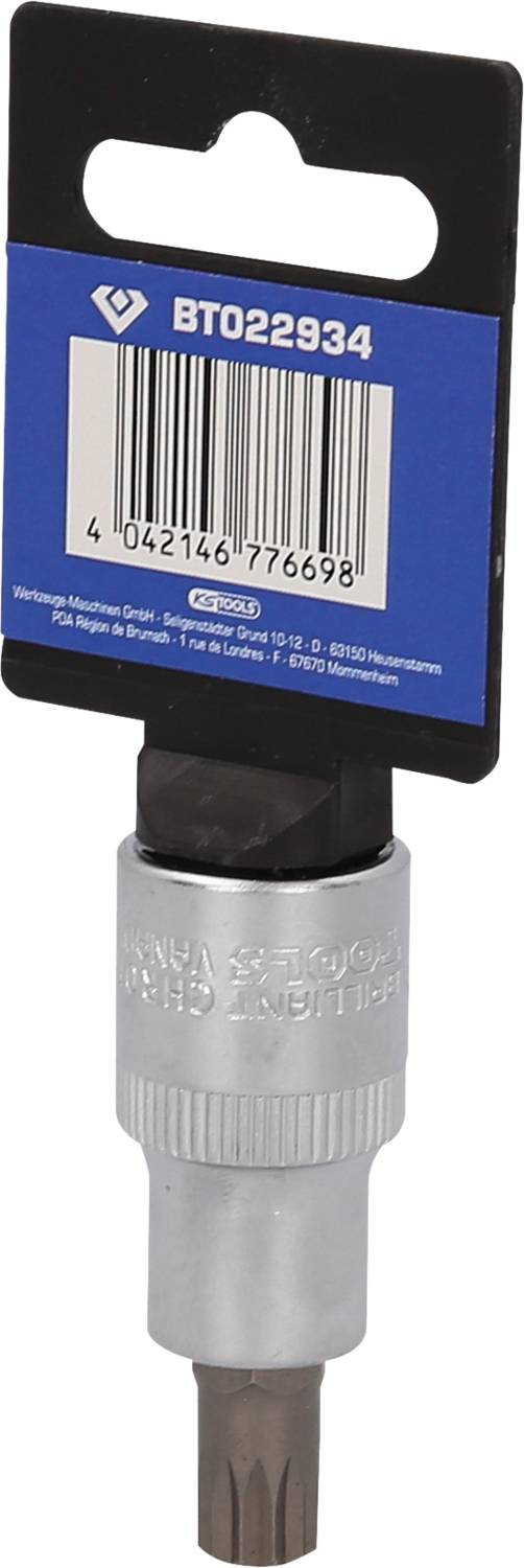 Ein silberner Bitaufsatz mit sechskantigem Schaft und schwarz-blauem Etikett, auf dem sich ein Barcode und die Nummer 'BT022934' befinden.