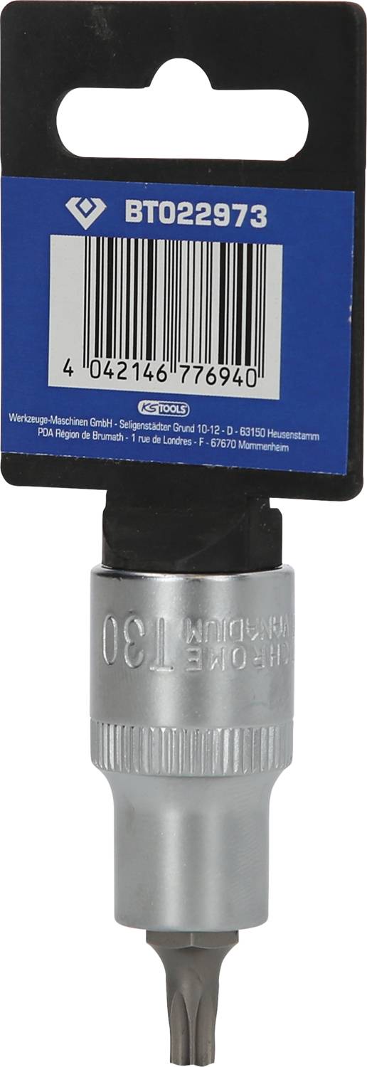 Ein Torx-Bit-Werkzeug mit Verpackungsetikett oben. Etikett enthält eine Seriennummer und Barcode. Werkzeug für Schraubanwendungen.