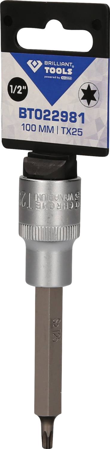 Bohreraufsatz mit dem Code 'BT022981', 100 mm Länge, TX25 Aufsatz, in einer Verpackung von Brilliant Tools, geeignet für 1/2'' Werkzeuge.