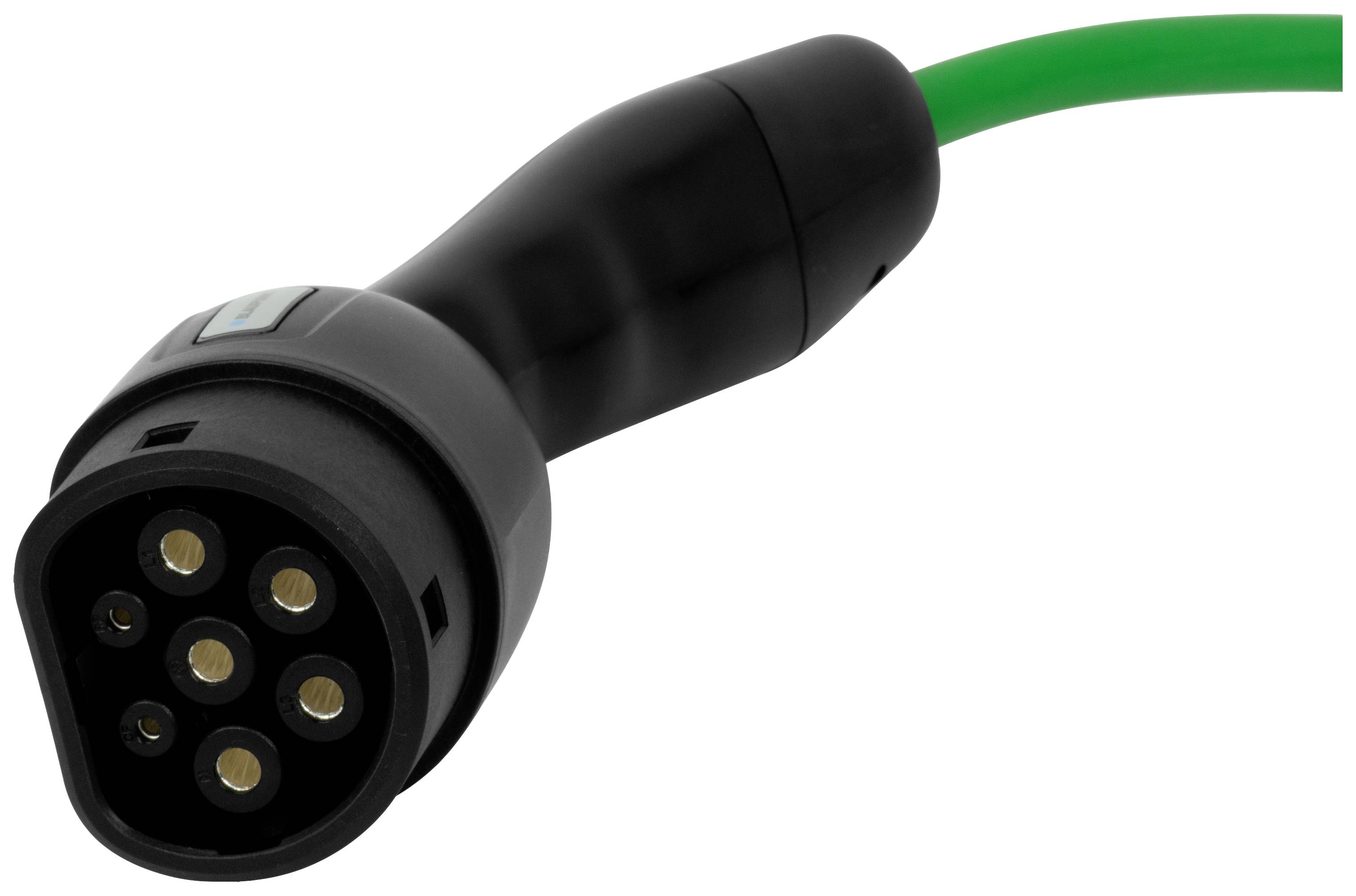 Schwarzer Ladestecker für Elektrofahrzeuge mit sieben Pins und grünem Kabel.