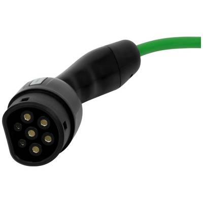 Schwarzer Ladestecker für Elektrofahrzeuge mit sieben Pins und grünem Kabel.