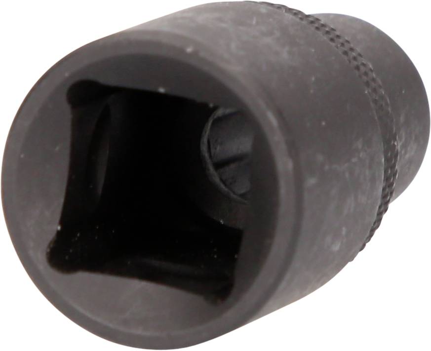 Eine schwarze Stecknuss aus Metall in zylindrischer Form mit quadratischer Öffnung.