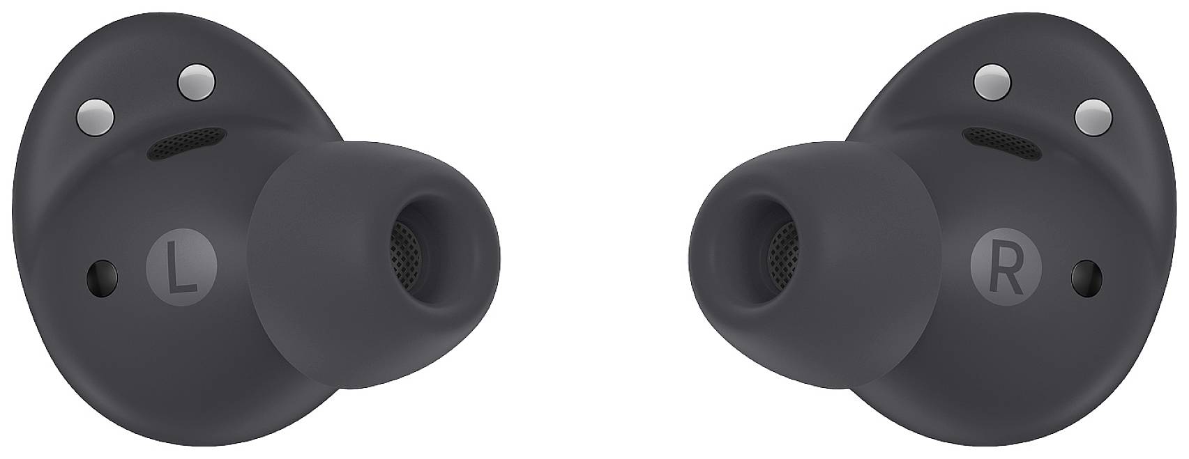 Schwarze kabellose In-Ear-Kopfhörer, linkes und rechtes Ohrstück nebeneinander, mit 'L' und 'R' gekennzeichnet.