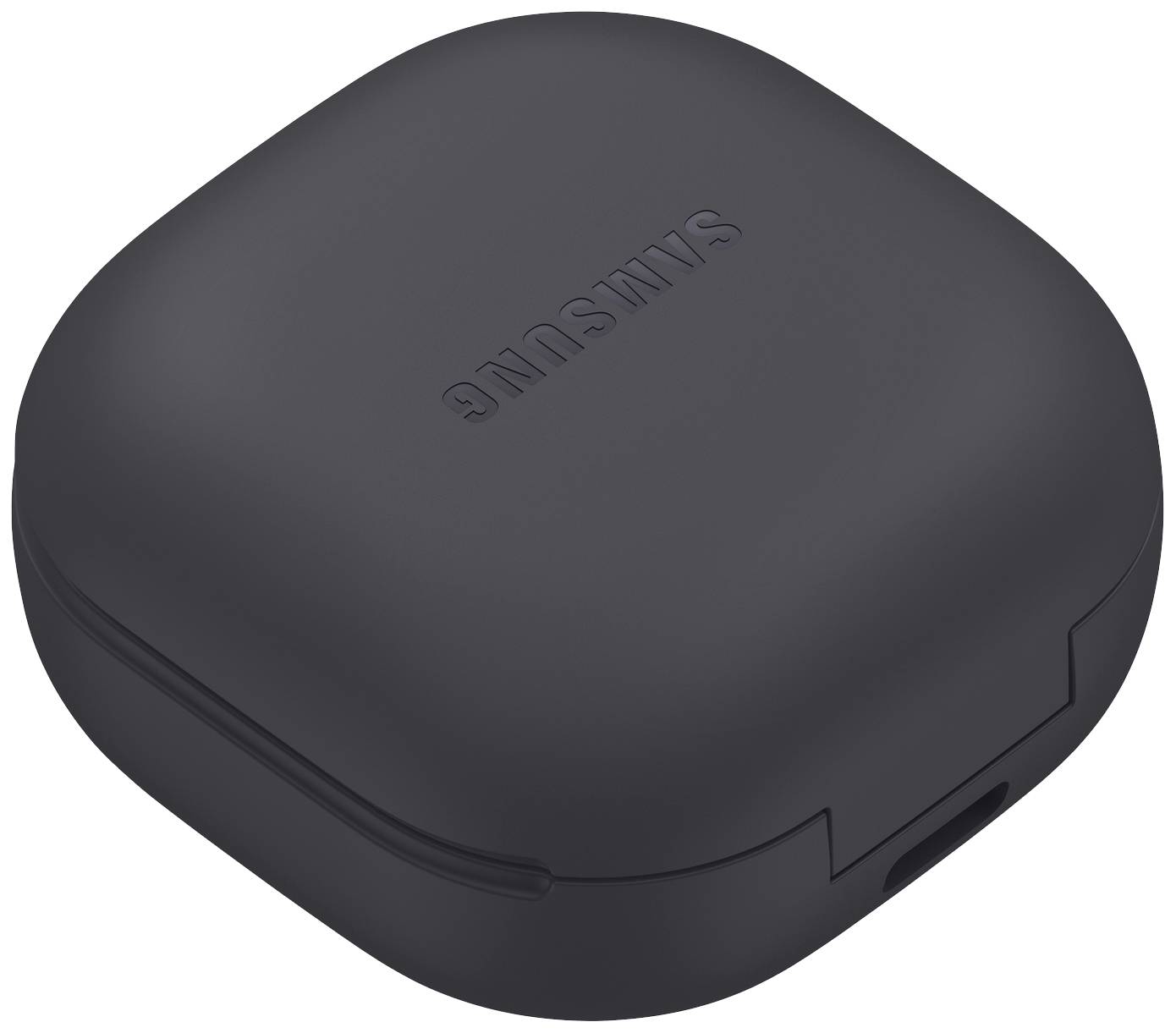 Schwarzes, quadratisches Etui mit abgerundeten Ecken und 'Samsung'-Logo auf der Oberseite, vermutlich für Kopfhörer oder Ohrstöpsel.