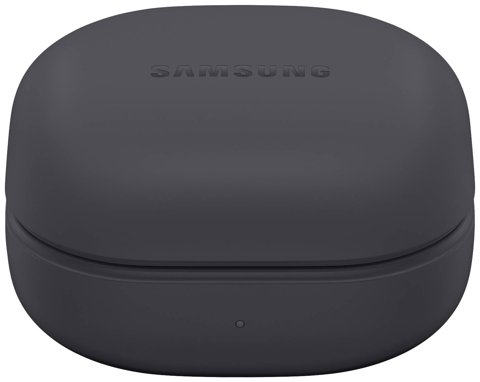 Schwarzes Ladeetui mit geschlossenem Deckel, darauf das eingravierte Logo eines bekannten Elektronikherstellers.