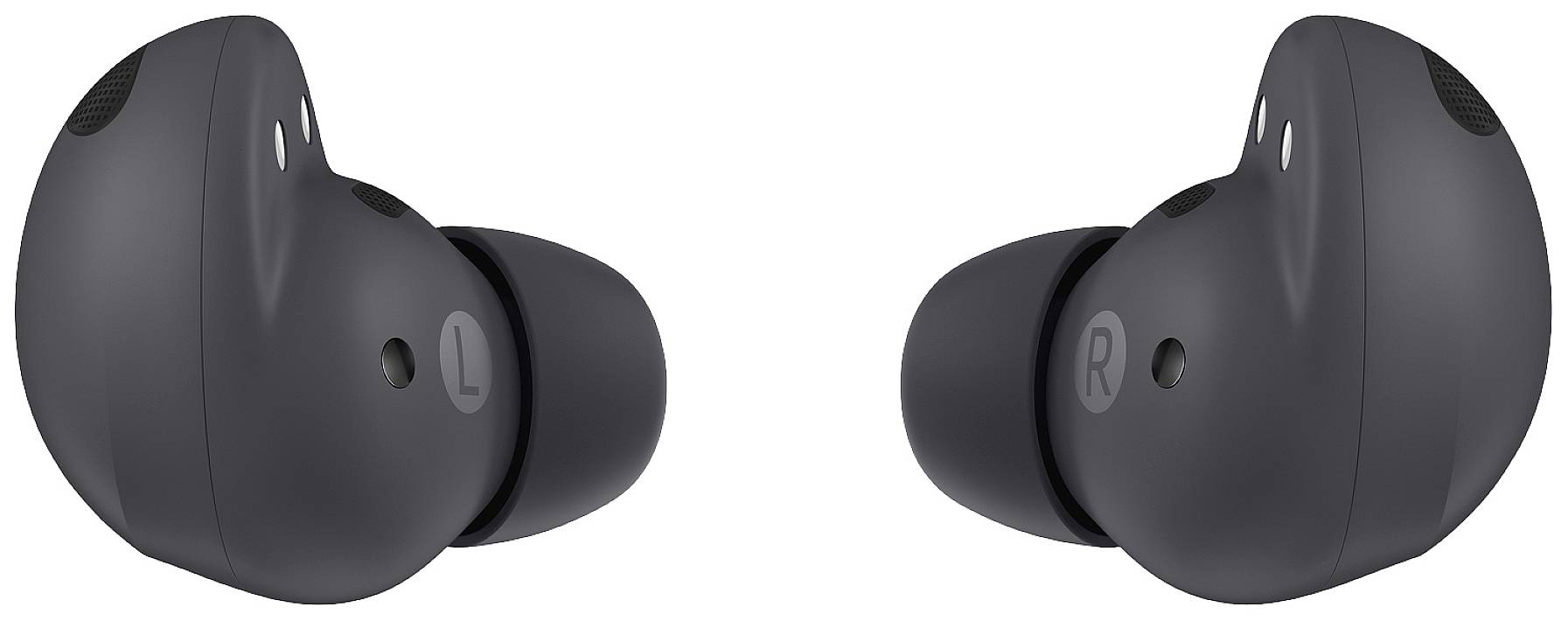 Schwarze kabellose Ohrhörer mit Beschriftungen 'L' und 'R' zur Unterscheidung von links und rechts, vor weißem Hintergrund.