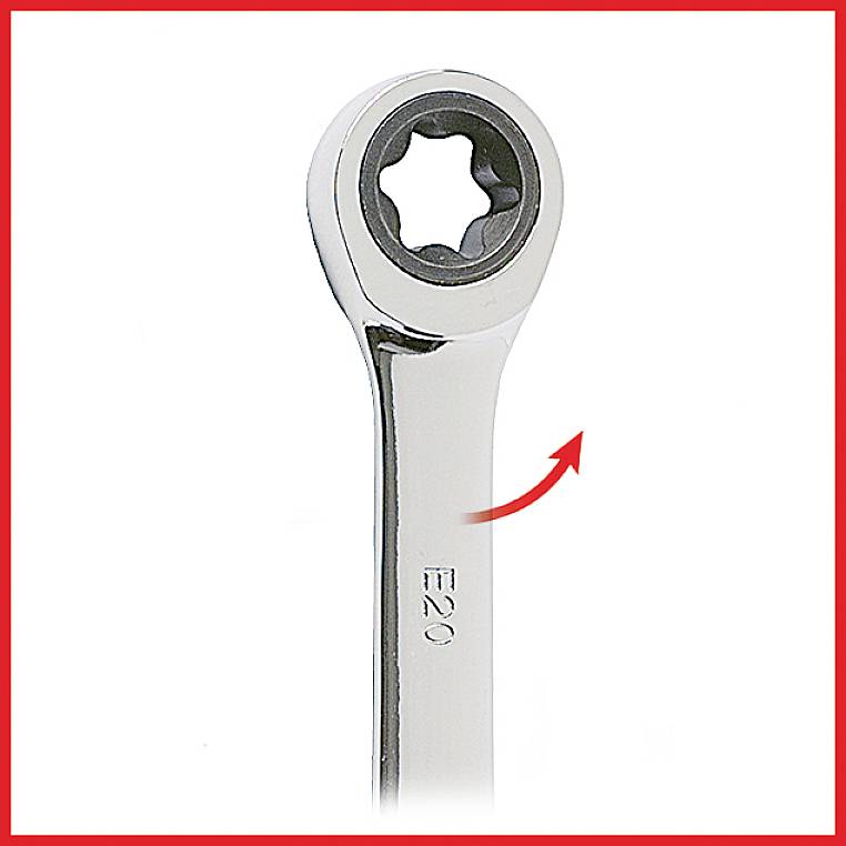 Ein silberner Ringschlüssel mit Sternprofil, gekennzeichnet mit 'E20', zeigt eine Drehbewegung durch einen roten Pfeil an.