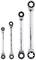 Vier silberne Ratschen-Ringschlüssel in verschiedenen Größen, nebeneinander angeordnet. Geeignet für verschiedene Schraubengrößen.
