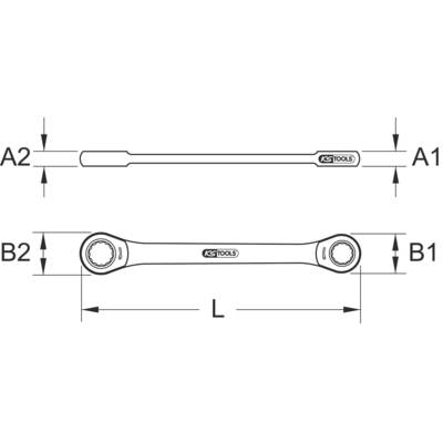Diagramm eines Ringschlüssels mit Maßangeben: A1 und A2 für Enden, B1 und B2 für Breite der Köpfe, L für Gesamtlänge des Werkzeugs.